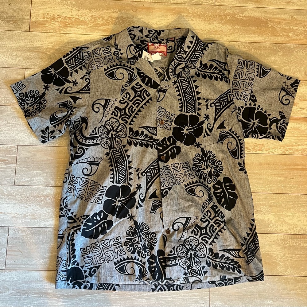 Vintage RJC Hawaiian Shirt Men XLarge Tribal Floral Print - Black/Grey